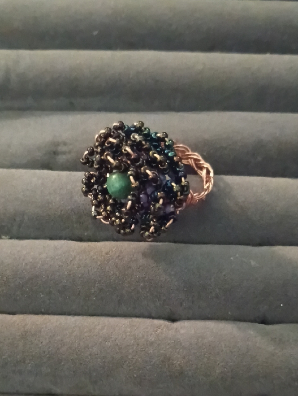 Handcrafted Beaded Flower Ring in Green and Black
